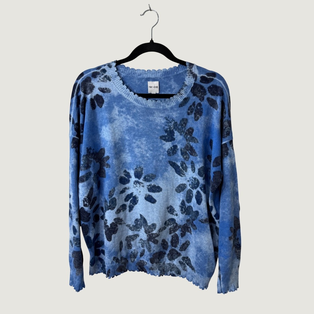 Nic + Zoe Blue Floral 100% Cotton Sweater Medium Distressed Artsy Fall Layering
